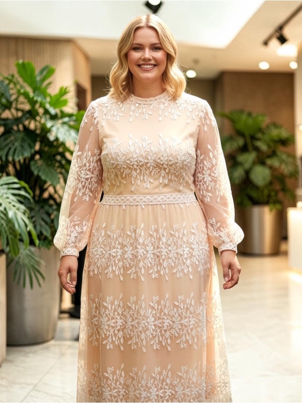 Elegant Light Blush Maxi Dress with White Embroidery/Lace, SZ 1X/2X